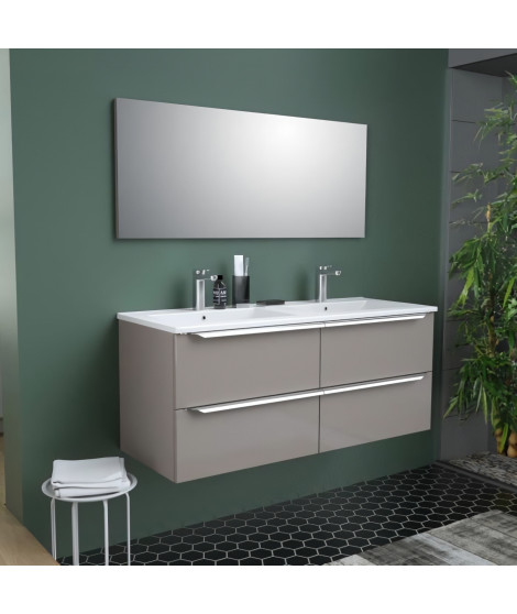 ZOOM meuble de salle de bain double vasque avec miroir L 120cm - 4 tiroirs a fermeture ralenties - Taupe laqué brillant