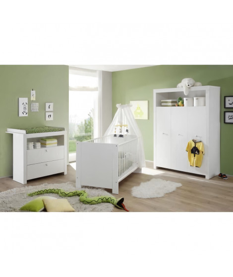 OLIVIA Chambre Bébé Complete : Lit 70x140 cm + Armoire + Commode - Blanc