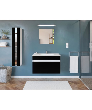 Salle de Bain complete L 80cm - Meuble + Vasque + Colonne vitrée - Noir mat - ALBAN