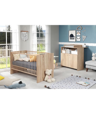 Chambre bébé duo NIKO - Lit 70x140 cm + Commode a langer 2 portes - Décor chene naturel - TRENDTEAM