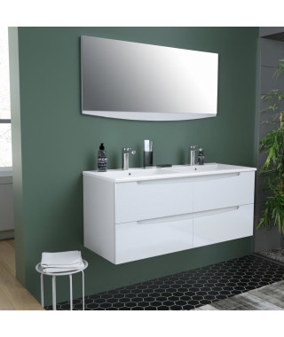 SMILE Salle de bain double vasque + miroir L 120 cm - 4 tiroirs a fermeture ralenties - Blanc