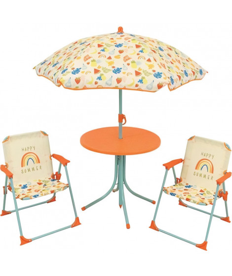 FUN HOUSE Fruity's Salon de jardin - 1 table H.46 x ø46 cm, 2 chaises H.53xl.38,5xP.37,5 cm et 1 parasol H.125 x ø100 cm