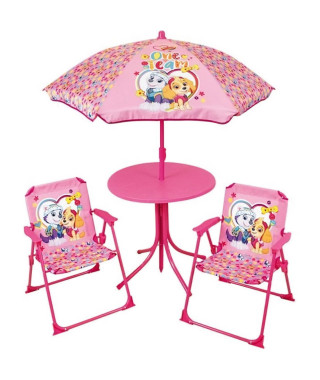 FUN HOUSE PAT'PATROUILLE Salon de jardin - 1 table 46xø46 cm, 2 chaises H.53xl.38,5xP.37,5cm et 1 parasol