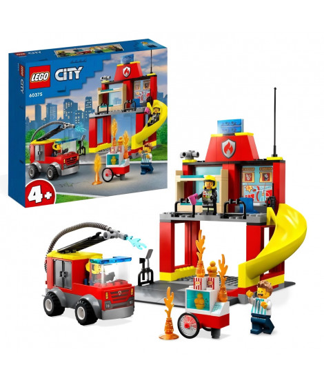 LEGO City 60375 La Caserne et le Camion des Pompiers, Jouet Véhicule d'Urgence, Jeu Éducatif, 4 Ans