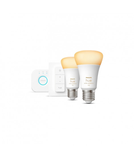 Kit démarrage ampoule LED connectée PHILIPS Hue White - 10,5W - Lot 2 E27 - Télécommande Hue