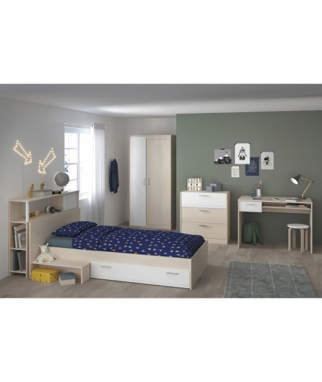 CHARLEMAGNE Chambre enfant complete - Tete de lit + lit + commode + armoire + bureau - contemporain - Décor acacia clair et b…