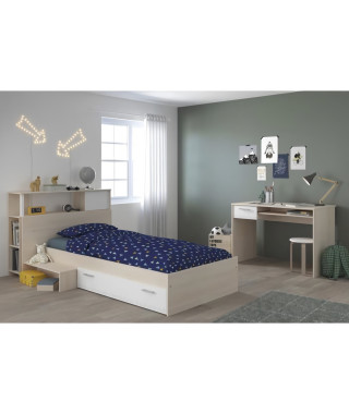 CHARLEMAGNE Chambre enfant complete Tete de lit + lit + bureau - Style contemporain - Décor acacia clair et blanc