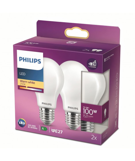 Philips ampoule LED Equivalent100W E27 Blanc chaud non dimmable, verre, lot de 2