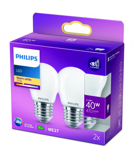 PHILIPS LED Classic 40W Sphérique E27 Blanc Chaud Dépolie Non Dimmable Lot de 2