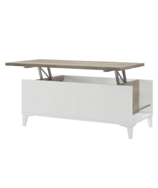 Table basse avec plateau relevable - Décor chene et blanc - L 100 x P 50/72 x H 42/55 cm