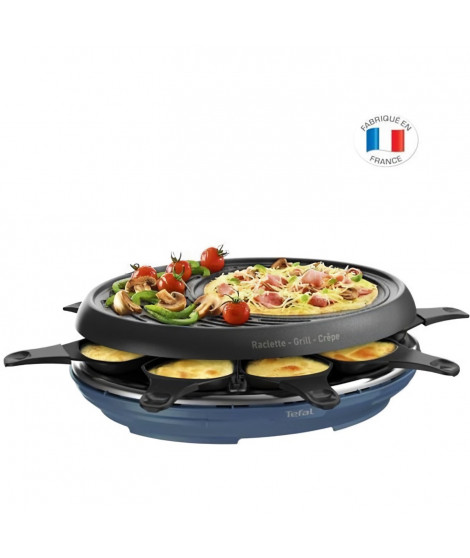 TEFAL RE310401 Colormania Raclette 3 en 1, 8 coupelles, Appareil a raclette grill et crepe, Revetement antiadhésif, bleu acier