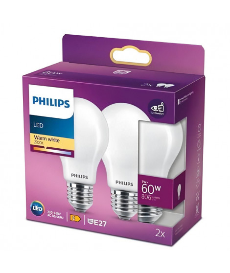 Philips ampoule LED Equivalent60W E27 Blanc chaud non dimmable, verre, lot de 2
