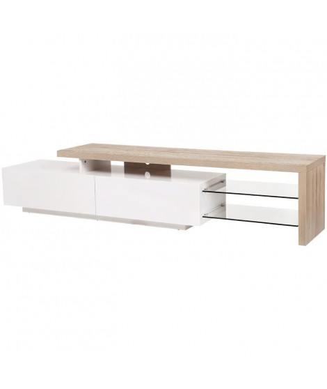 Meuble TV Style contemporain SMITH - En panneau alvéolaire - Blanc et chene  - 2 tiroirs et 2 étageres- L204 cm
