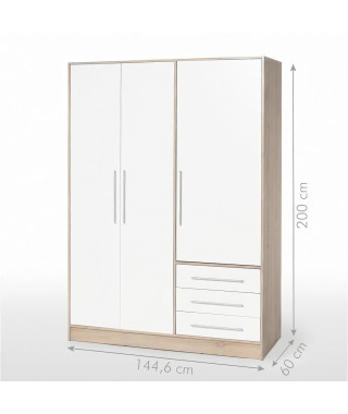 JUPITER Armoire de chambre style contemporain en bois aggloméré chene et blanc - L 144,6 cm