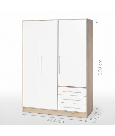 JUPITER Armoire de chambre style contemporain en bois aggloméré chene et blanc - L 144,6 cm