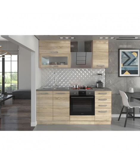 LASSEN Cuisine complete L 180 cm avec plan de travail - Décor chene sonoma