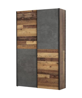 Armoire multifonctions 2 portes - Décor bois et béton gris - L 120 x P 41,6 x H 190,5 cm - OZZULA