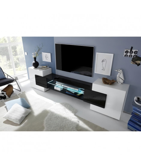 Meuble TV avec LED 2 portes - Blanc laqué brillant et noir - L 258 x P 37 x H 61 cm - ANCONA