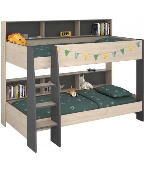 Lits superposés enfant - Décor Chene Jackson et Gris Ombre - Sommiers inclus - 2 x 90 x 200 cm - JIM