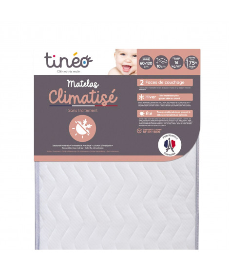 TINÉO - Matelas Climatisé 60x120x10cm, Matelas Bébé, Climatisé, 1 Face Été, 1 Face Hiver, Sans Traitement, Fabriqué En France