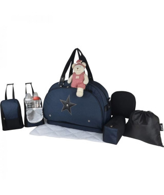 Baby on board- sac a langer - week end team moonlight - sac de voyage bébé - Chiné marine détails cuir noir sac grand format …