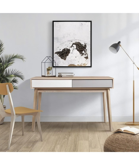 Bureau avec 2 tiroirs - Scandinave - NEW SOFIA - Chene Blanc Gris Motifs - L 120 x P 55 x H 78 cm