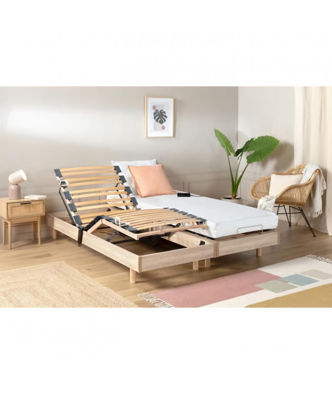 Ensemble relaxation TALCA matelas + sommiers électriques décor chene 2x80x200 - Mousse - 14 cm - Ferme