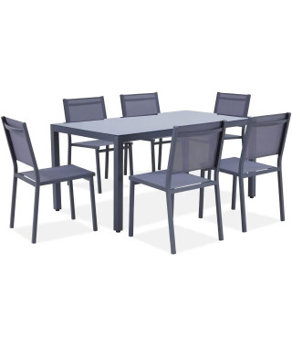 Ensemble repas de jardin - table 160 cm plateau verre + 6 chaises aluminium gris