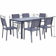 Ensemble repas de jardin - table 160 cm plateau verre + 6 chaises aluminium gris