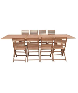 Ensemble repas de jardin  8 a 12 personnes - Table extensible 200/250/300 x 100cm + 6 chaises - Bois Eucalyptus FSC