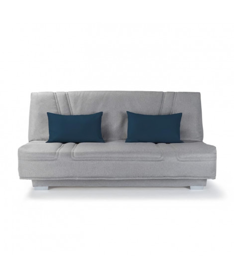 Banquette clic-clac Bultex - 3 places - Tissu gris + Coussins déco bleu - L193 x P95 x H101cm - BELYNDA