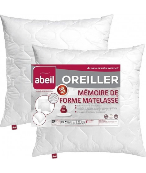 ABEIL Lot de 2 Oreillers a mémoire de forme matelassés- 60x60 cm - Blanc