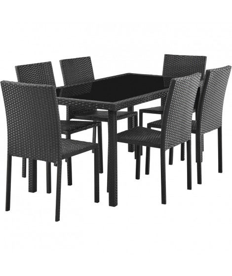 Ensemble repas de jardin - table en verre trempé et 8 chaises en résine tressée noir - Table 160x80x73 cm - Chaise : 44x54x88…