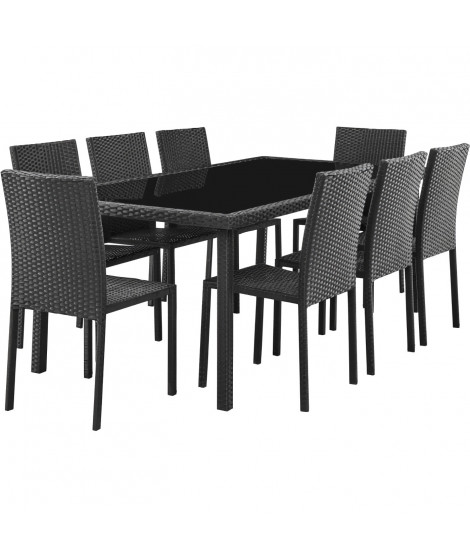 Ensemble repas de jardin - table en verre trempé et 8 chaises en résine tressée noir - Table 200 x 100 x73 cm - Chaise : 44 x…