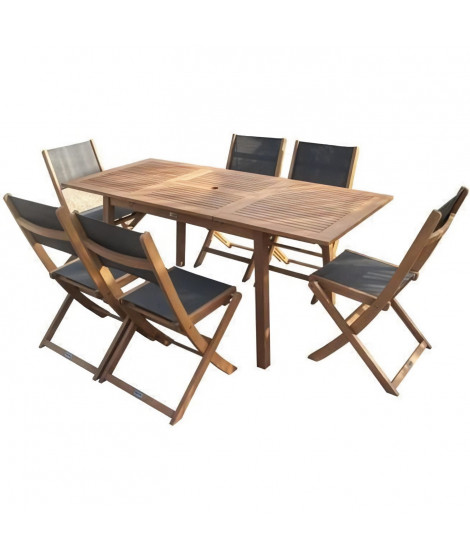 Ensemble repas de jardin 4 a 6 personnes - Table extensible 120/180 x 80 cm + 6 chaises assises textilene - Bois Eucalyptus FSC