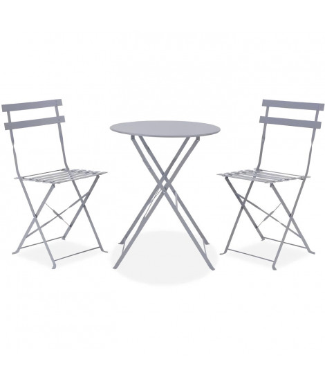 Set bistrot - ensemble repas de jardin - Table pliante + 2 chaises - Structure : acier - Coloris : Gris