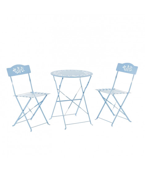 Ensemble de jardin bistrot 2 personnes - Table ronde motif 60 cm + 2 chaises - Acier  thermolaqué - Bleu