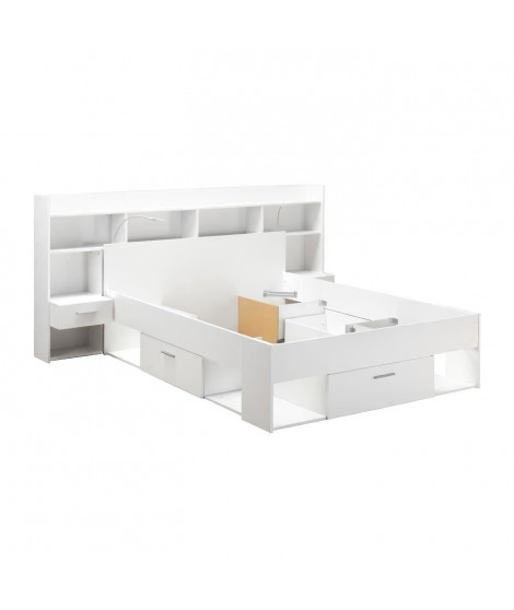 CHICAGO Ensemble lit adulte 140x190/200 cm + Rangement avec Liseuse LEDS - Décor blanc mat