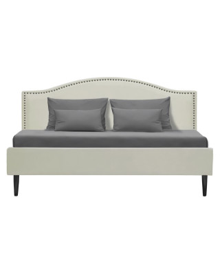 Lit adulte classique  NAILHEADS - 140 x 190 cm - Tissu - Beige - Tete de lit cloutée et pieds bois - Sommier inclus