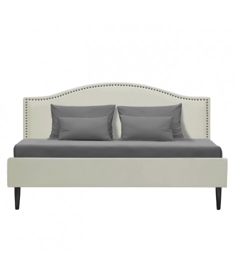 Lit adulte classique  NAILHEADS - 140 x 190 cm - Tissu - Beige - Tete de lit cloutée et pieds bois - Sommier inclus