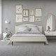 Lit adulte classique  NAILHEADS - 140 x 190 cm - Tissu - Beige - Tete de lit cloutée et pieds bois - Sommier inclus