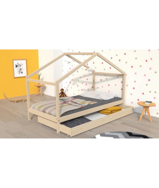 KOALA Lit cabane enfant avec tiroir - Bois pin massif - Naturel - Sommier inlcus - 90x190cm