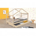 KOALA Lit cabane enfant avec tiroir - Bois pin massif - Naturel - Sommier inlcus - 90x190cm