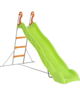 Toboggan LINOU de 2,63m de glisse , coloris vert avec 3 echelons anti-dérapants coloris orange, structure métal coloris gris.