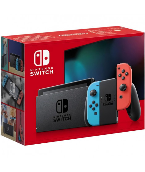 Console Nintendo Switch avec un Joy-Con rouge néon et un Joy-Con bleu néon