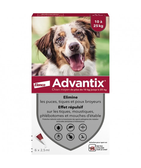 ADVANTIX 6 pipettes antiparasitaires - Pour chien moyen de 10 a 25kg