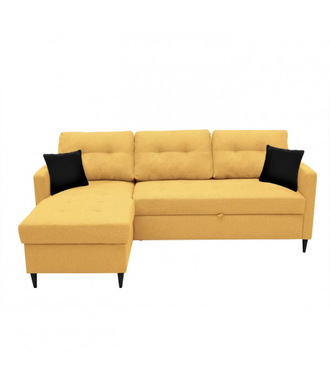 Canapé d'angle fixe réversible FALSLEV - Tissu jaune + 2 coussins noir - L 215 x P 145 x H 93 cm