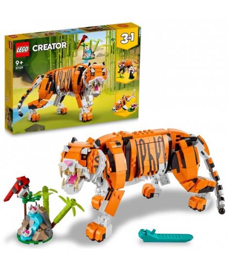 LEGO 31129 Creator 3 en 1 Sa Majesté le Tigre, Jouets Animaux pour Filles et Garçons des 9 Ans, Figurines Panda, Poisson