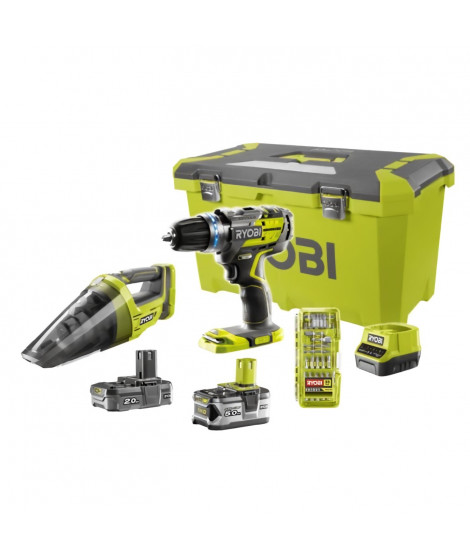 RYOBI One+ Perceuse Visseuse a percussion Brushless+ aspirateur+ 55 accessoires - R18PDBL-252VTA55 -Batt. 2 et 5 Ah - boite a…