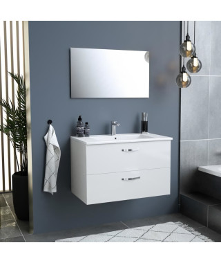 Meuble salle de bain + Vasque + Miroir - 2 tiroirs - Blanc - L 80 cm - FUNNY